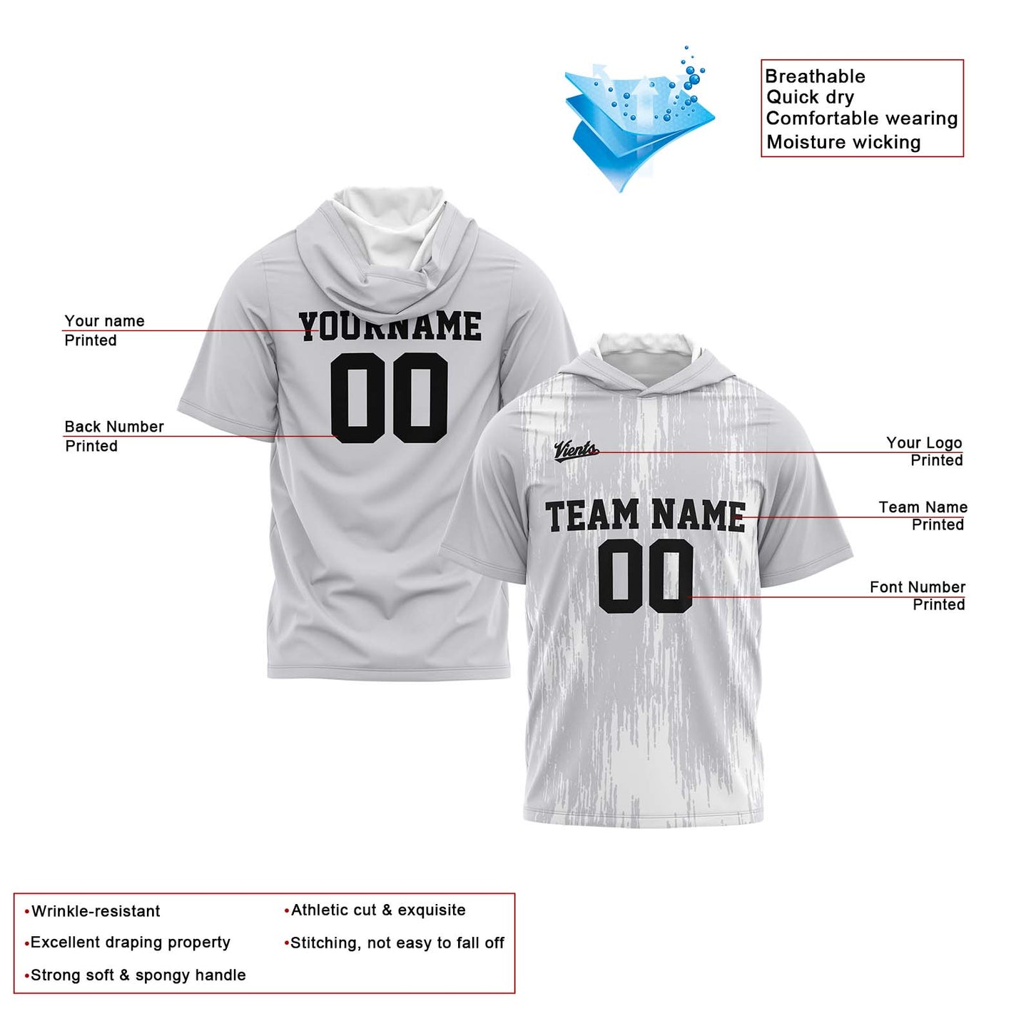 Custom Grey Short Sleeve Hoodies for Men Women Shirts with Hoods Printed Name Logo