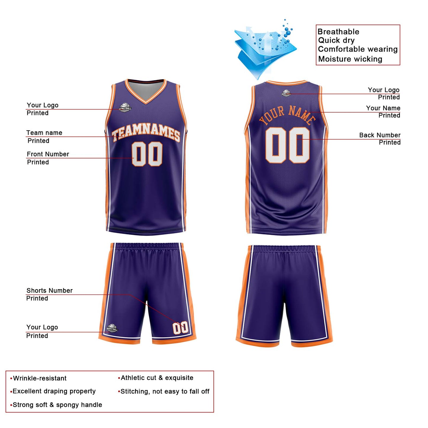 Custom Purple White Orange Reversible Basketball Suit for Adults and Kids Personalized Jersey
