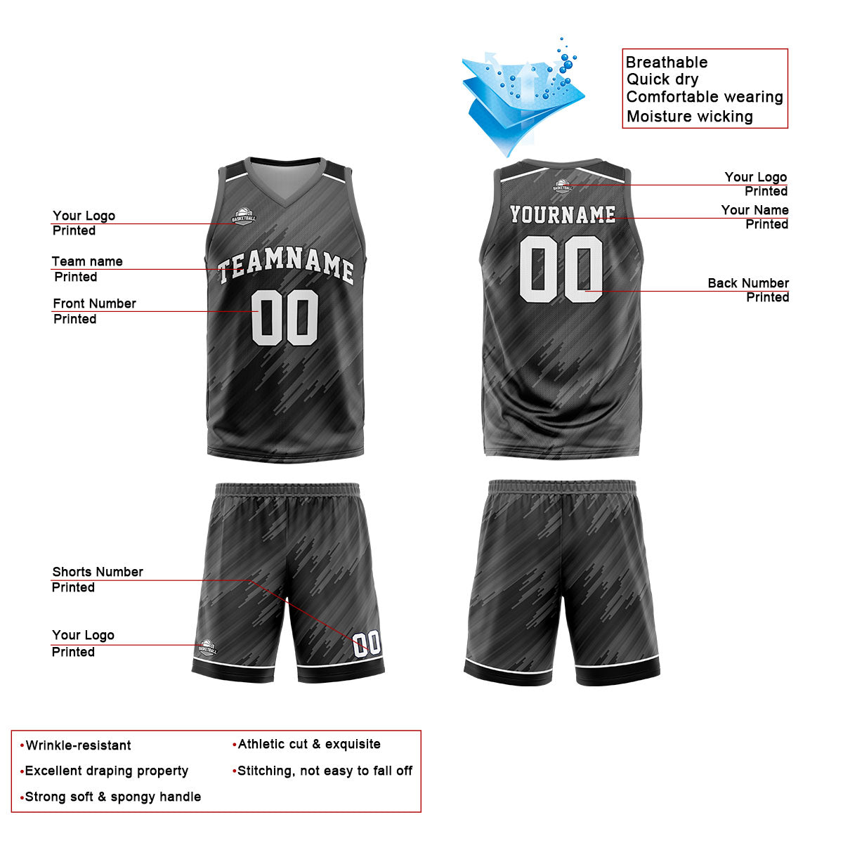 Custom Strip-Type Grey Reversible Basketball Suit for Adults and Kids Personalized Jersey