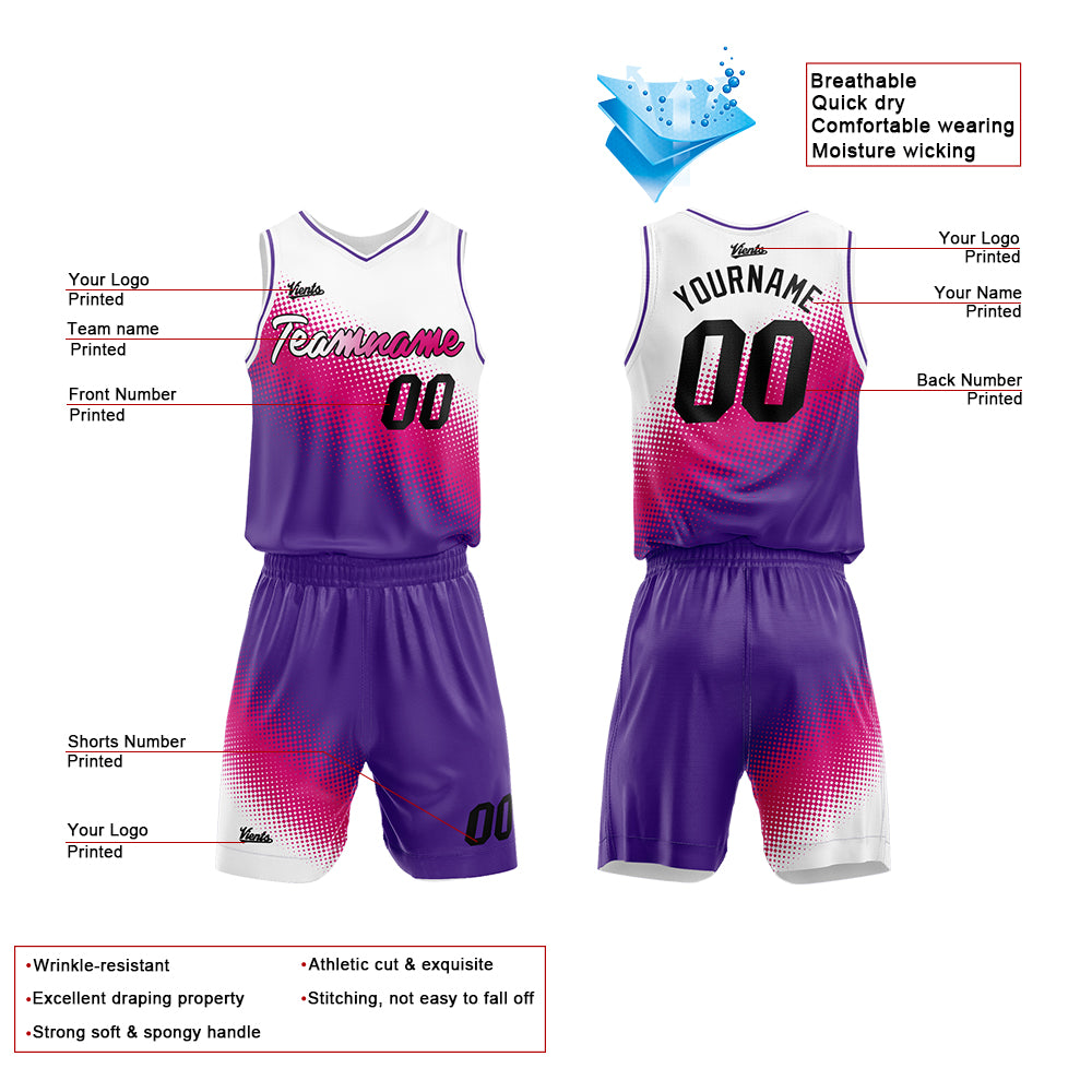 Custom White-Hot Pink-Purple Basketball Suit for Adults and Kids  Personalized Jersey