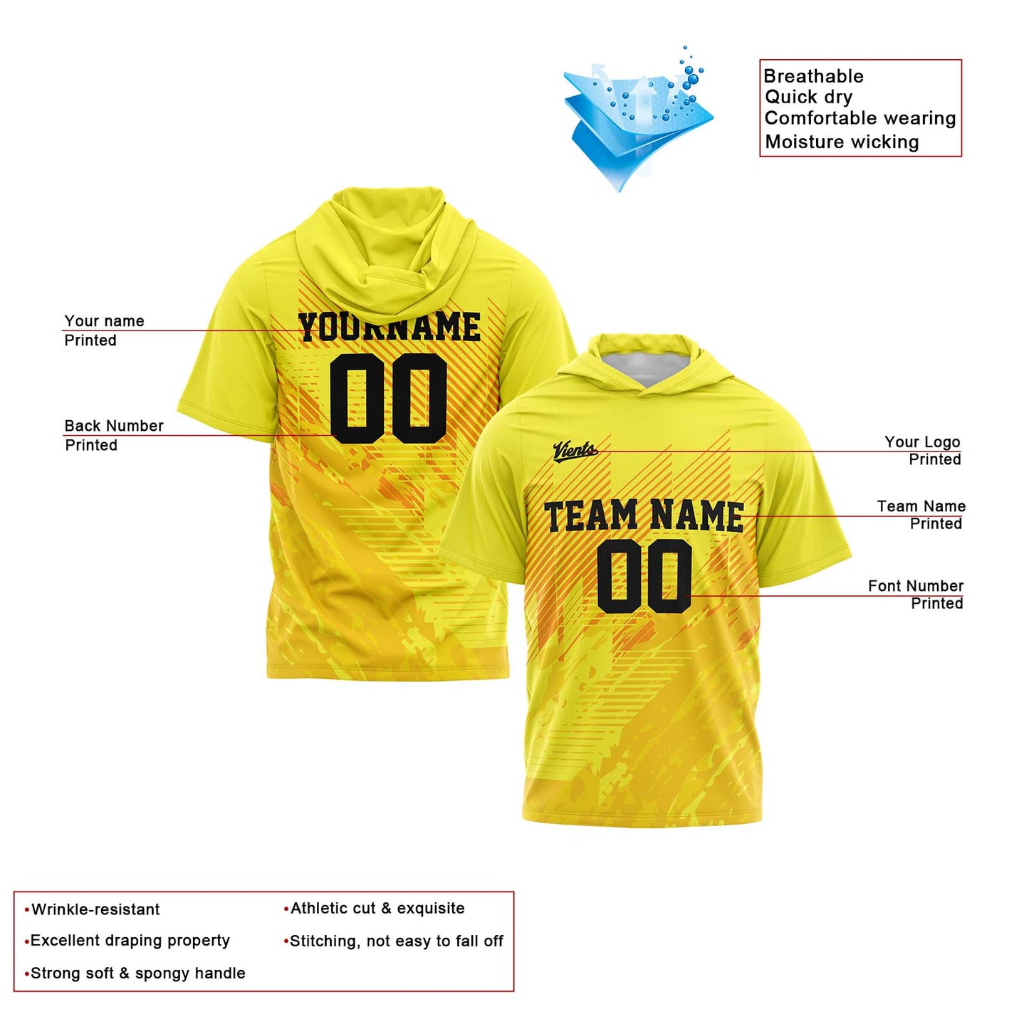 Custom Yellow Short Sleeve Hoodies for Men Women Shirts with Hoods Printed Name Logo