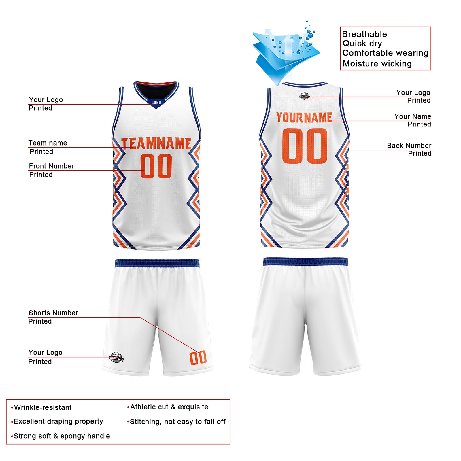Custom White Navy Blue Reversible Basketball Jersey Uniform Suit Printed Your Logo Name Number