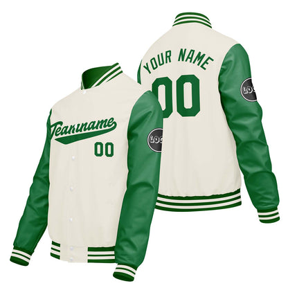 Custom Cream White Green Varsity Jackets for Men Women Youth Personalized Letterman Jackets