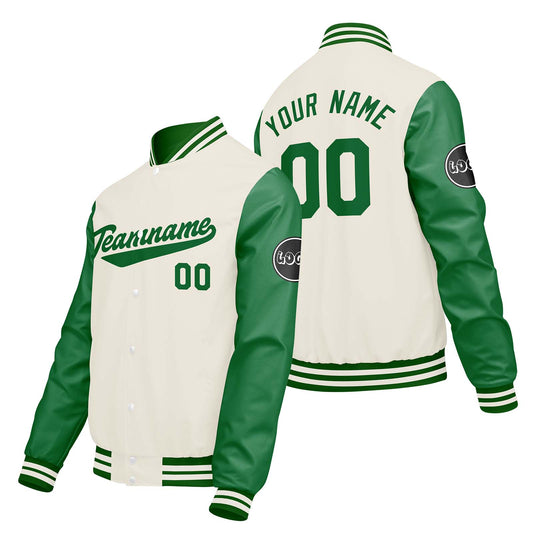 Custom Cream White Green Varsity Jackets for Men Women Youth Personalized Letterman Jackets