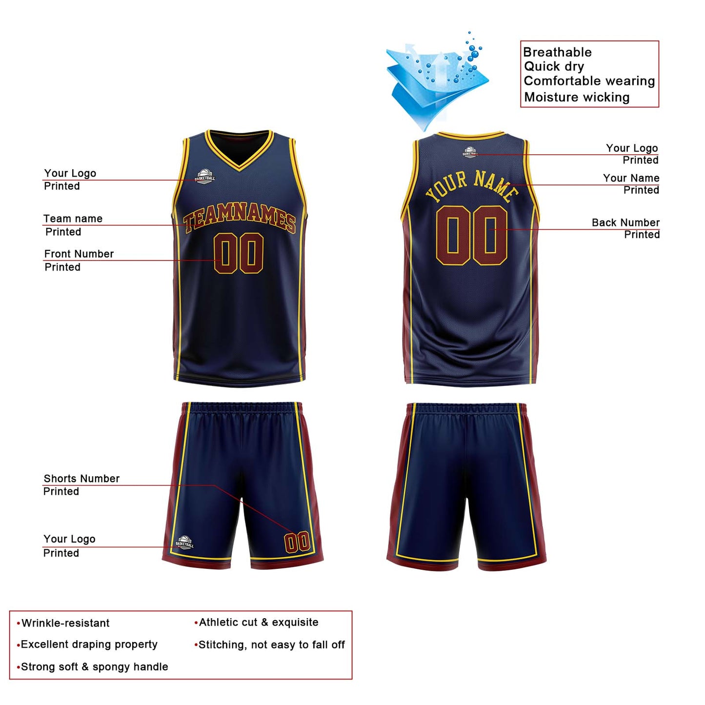 Custom Navy Wine Yellow Reversible Basketball Suit for Adults and Kids Personalized Jersey