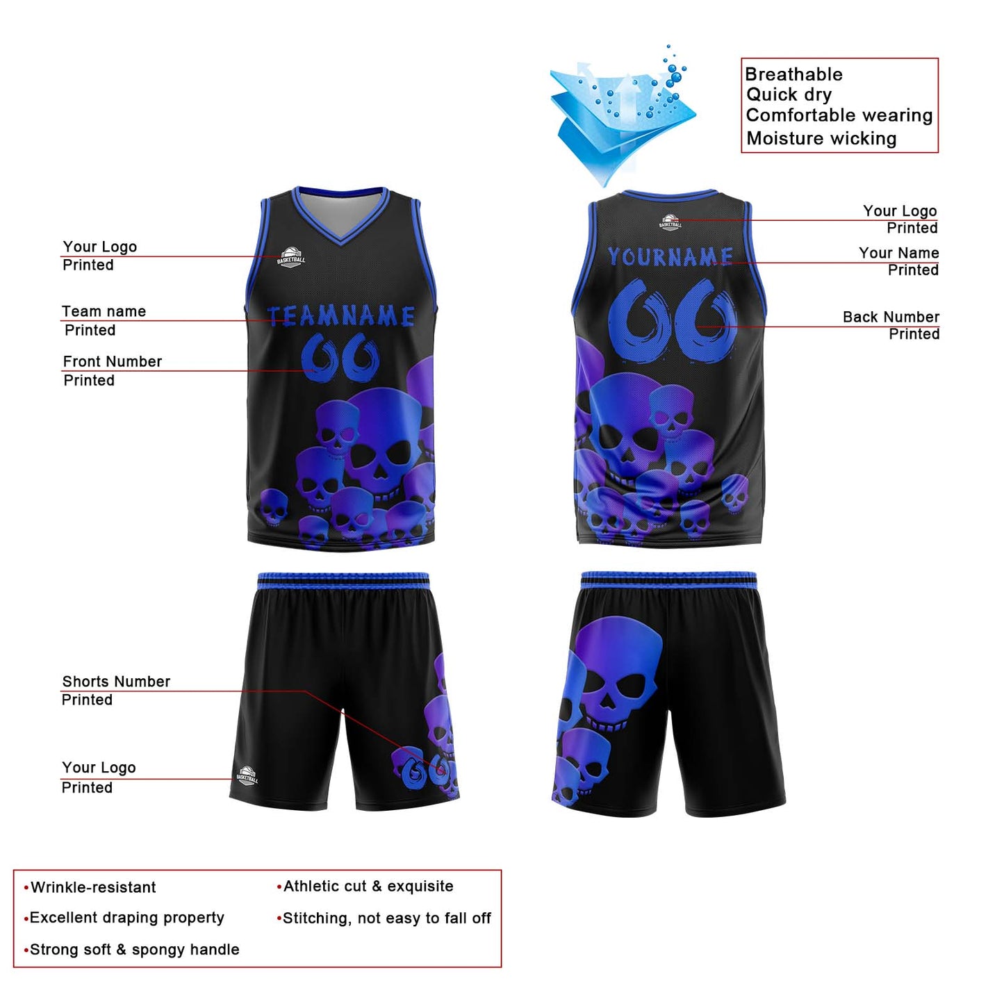 Custom Blue Basketball Jersey Uniform Suit Printed Your Logo Name Number