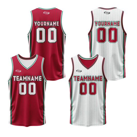 Custom Red White Green Reversible Basketball Suit for Adults and Kids Personalized Jersey