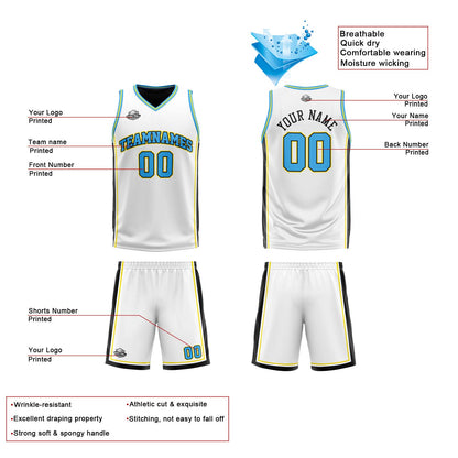 Custom White Black Light Blue Reversible Basketball Suit for Adults and Kids Personalized Jersey