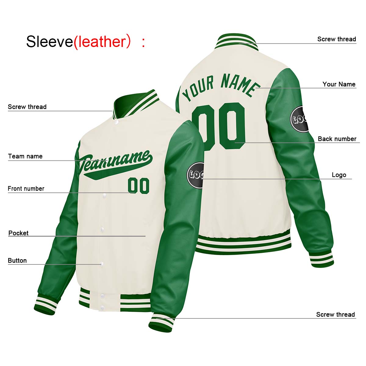 Custom Cream White Green Varsity Jackets for Men Women Youth Personalized Letterman Jackets