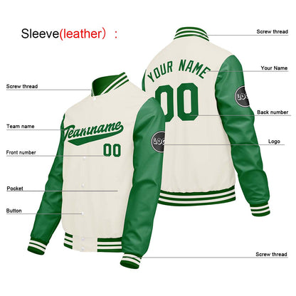 Custom Cream White Green Varsity Jackets for Men Women Youth Personalized Letterman Jackets