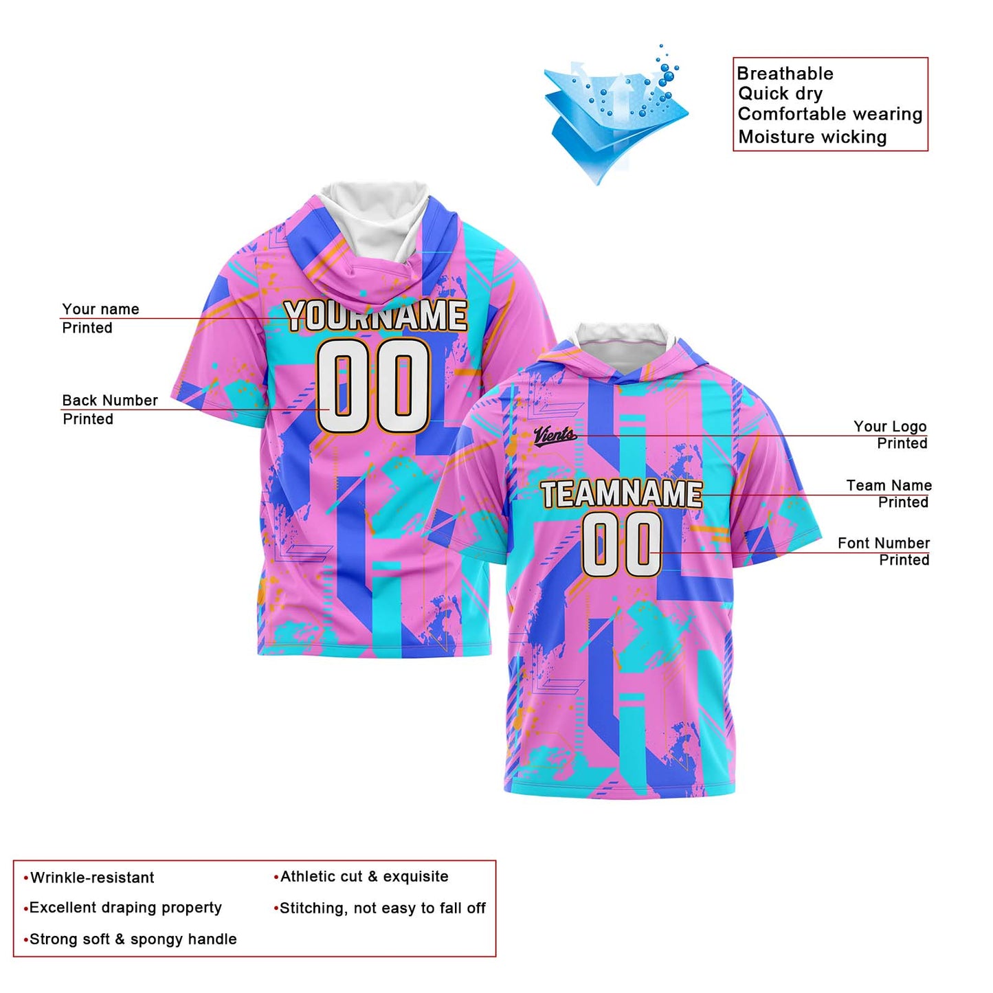 Custom Pink Blue Short Sleeve Hoodies for Men Women Shirts with Hoods Printed Name Logo