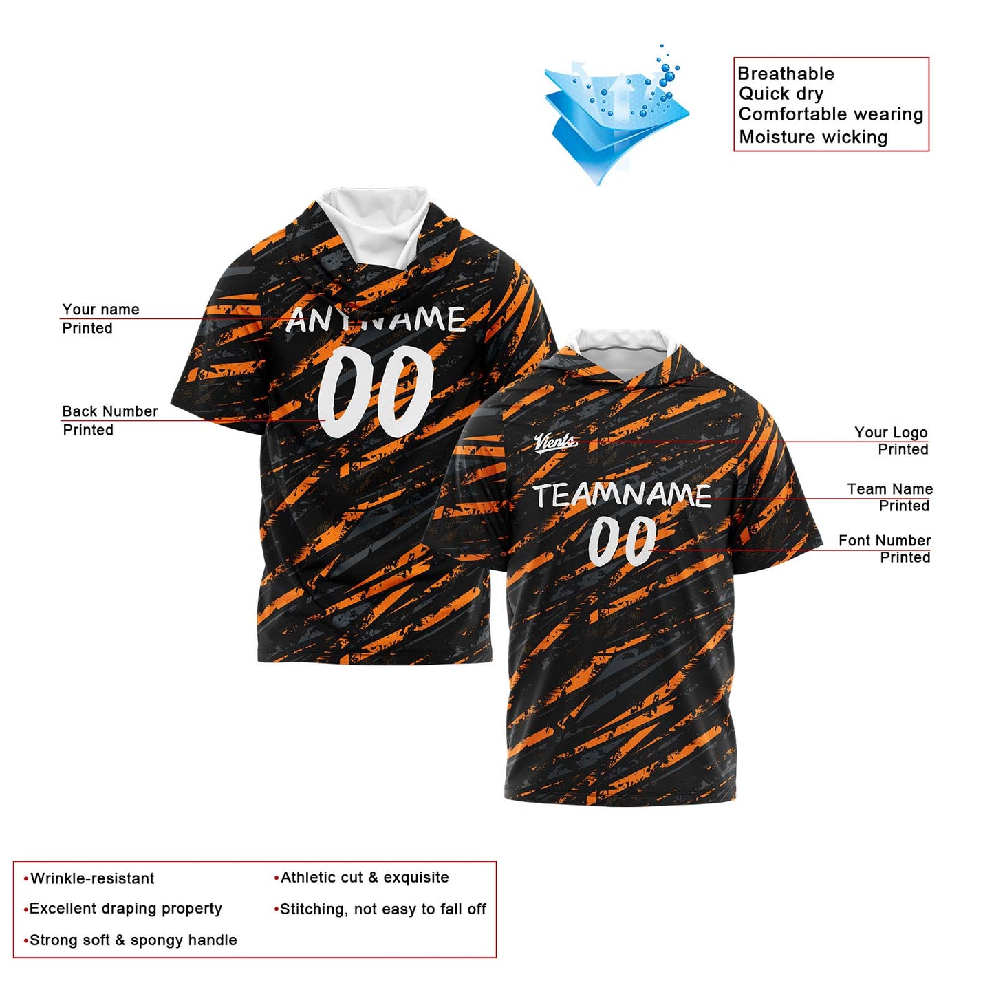 Custom Black Orange Hooded T-Shirt Short Sleeve Hoodies for Men Women Shirts with Hoods Printed Name Logo