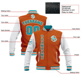 Custom Orange White Teal Waterproof Varsity Jackets Personalized Stitched Name Number Logo to Letterman Jackets