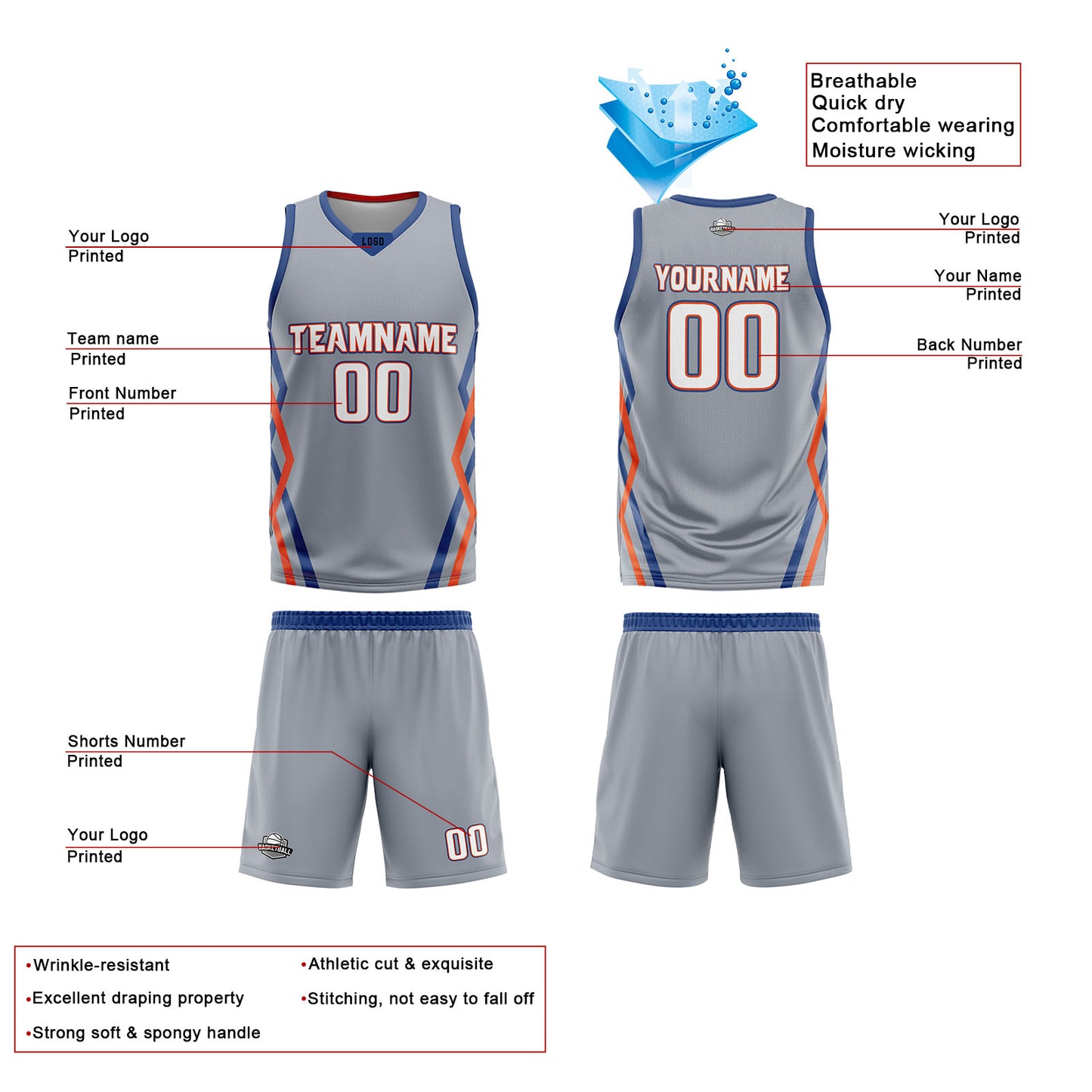 Custom Light Gray White Reversible Basketball Jersey Uniform Suit Printed Your Logo Name Number