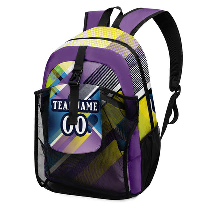Customize Purple White Yellow Sports Backpacks Featuring Personalized Names, Numbers and Logos