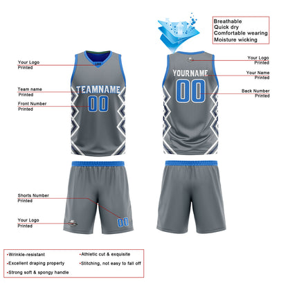 Custom Light Grey Blue Reversible Basketball Jersey Uniform Suit Printed Your Logo Name Number