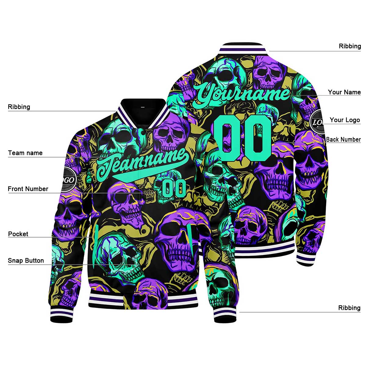 Custom Colorful bones & Green purple Varsity Jacket for Men Women and Youth with Personalized Letterman Jacket