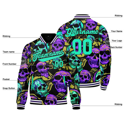 Custom Colorful bones & Green purple Varsity Jacket for Men Women and Youth with Personalized Letterman Jacket