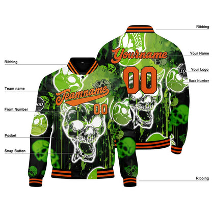 Custom Blurred Skeleton & Green Varsity Jacket for Men Women and Youth with Personalized Letterman Jacket