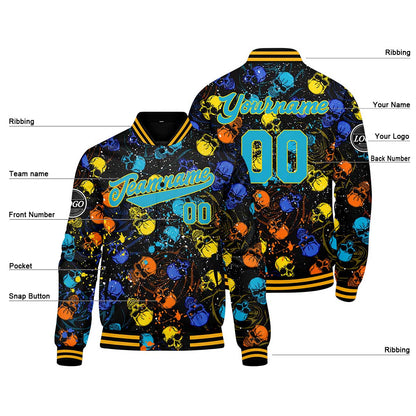 Custom Splashing skeletons & Blue yellow Varsity Jacket for Men Women and Youth with Personalized Letterman Jacket