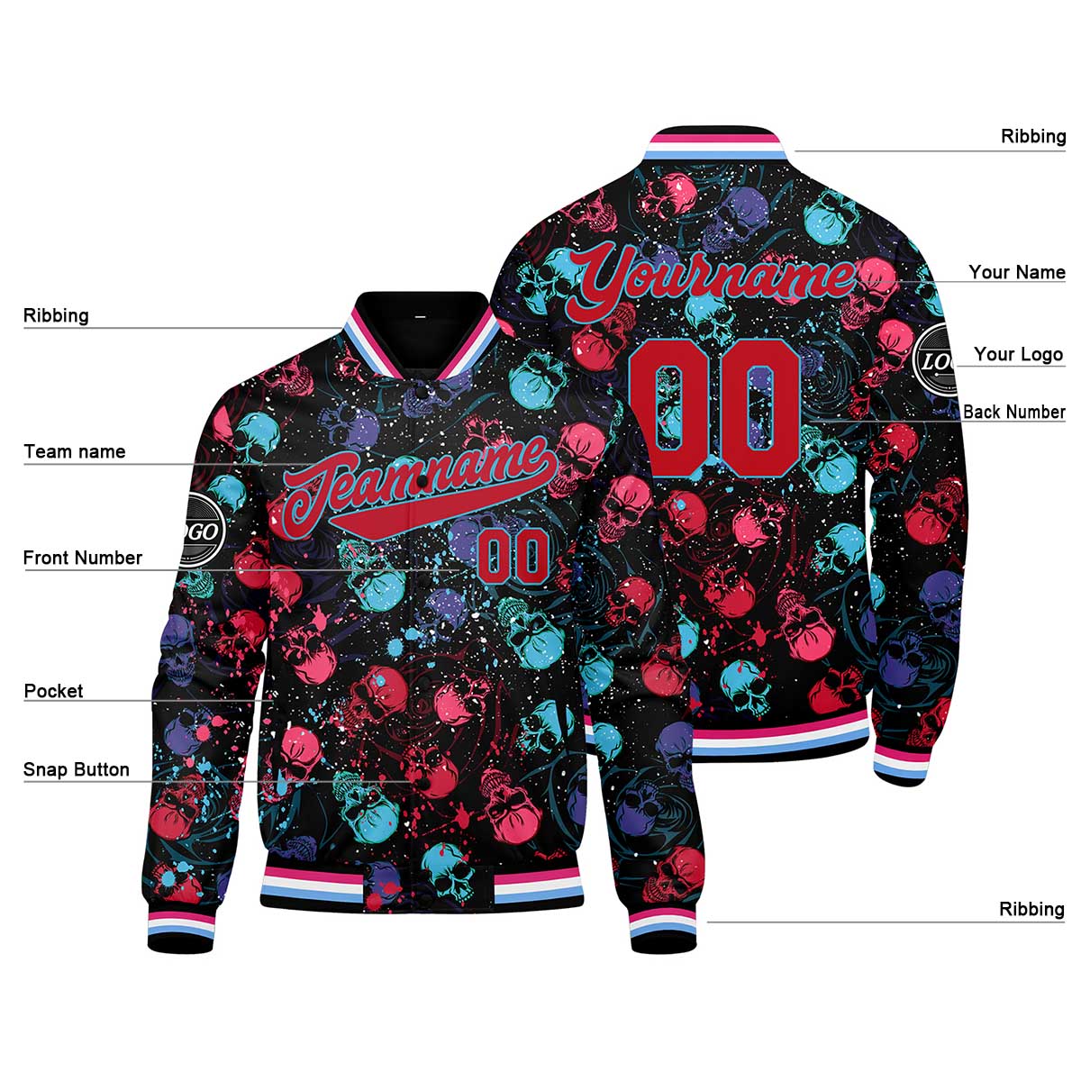 Custom Splashing skeletons & Red blue Varsity Jacket for Men Women and Youth with Personalized Letterman Jacket