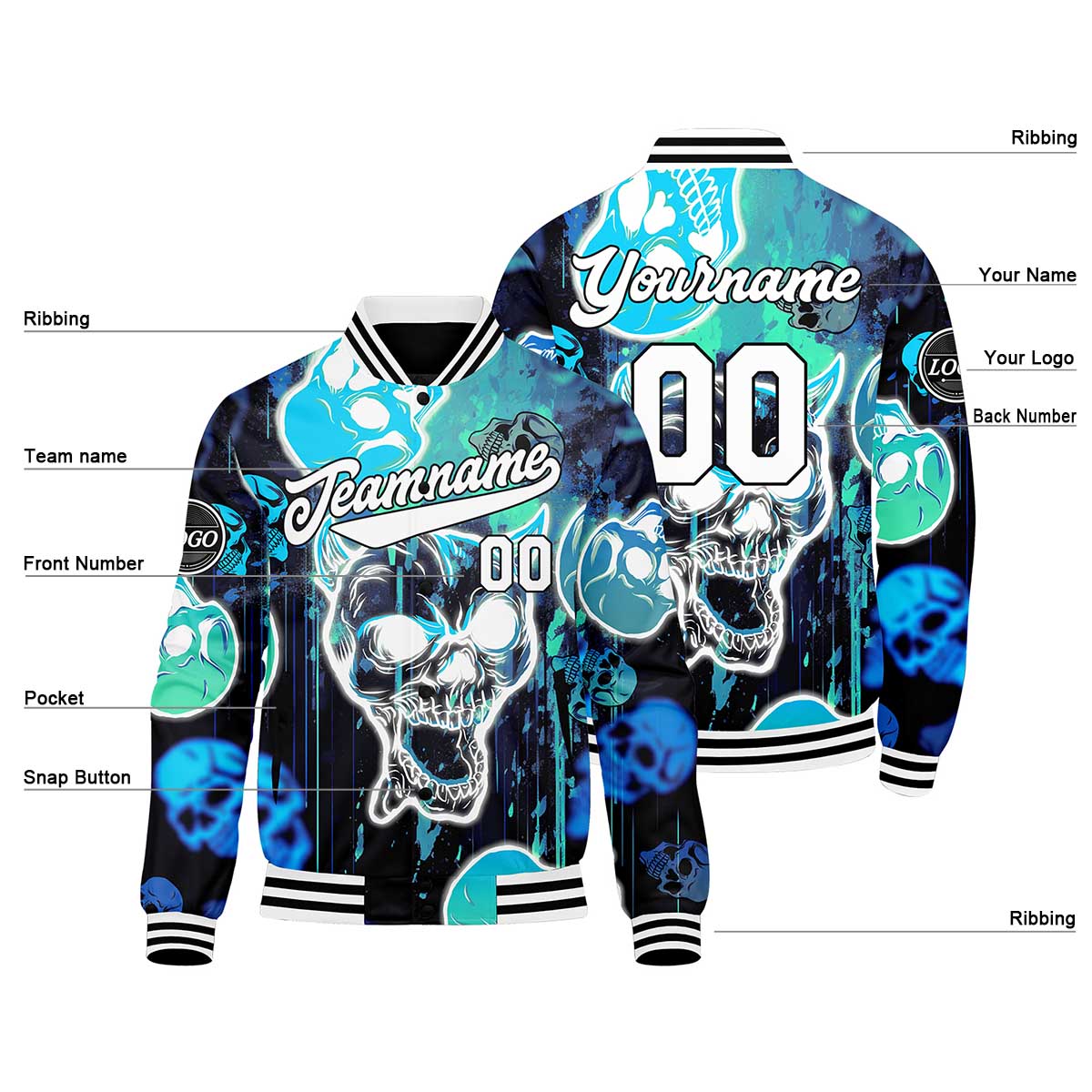 Custom Blurred Skeleton & Blue Varsity Jacket for Men Women and Youth with Personalized Letterman Jacket