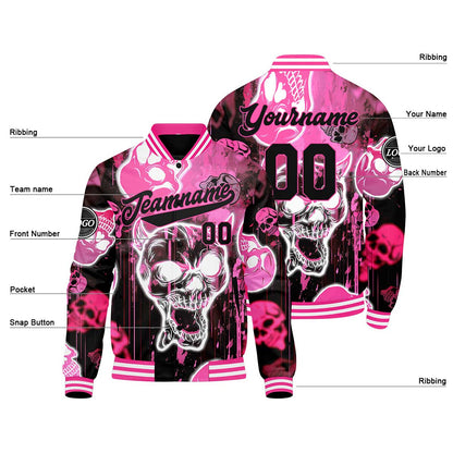 Custom Blurred Skeleton & Pink Varsity Jacket for Men Women and Youth with Personalized Letterman Jacket