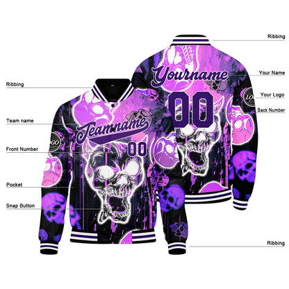 Custom Blurred Skeleton & Purple Varsity Jacket for Men Women and Youth with Personalized Letterman Jacket