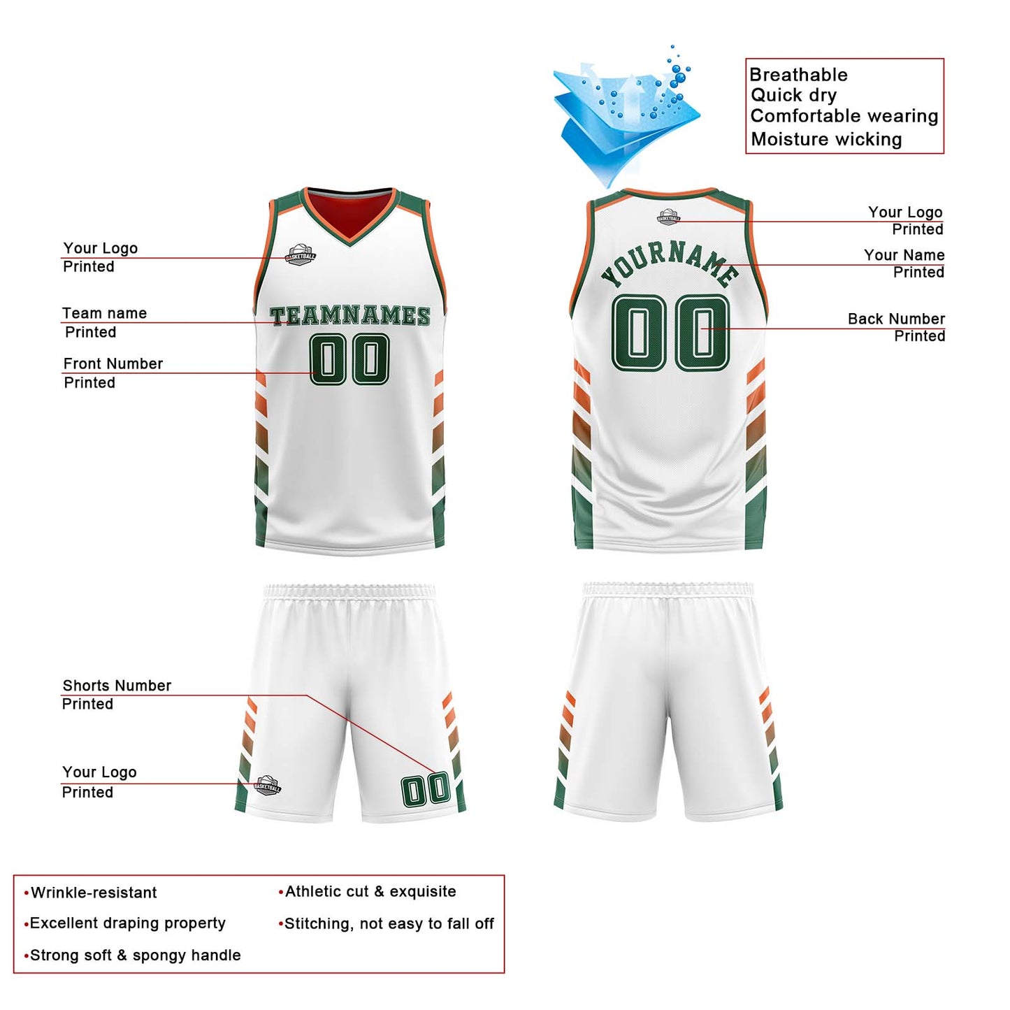 Custom White Orange Green Reversible Basketball Suit for Adults and Kids Personalized Jersey
