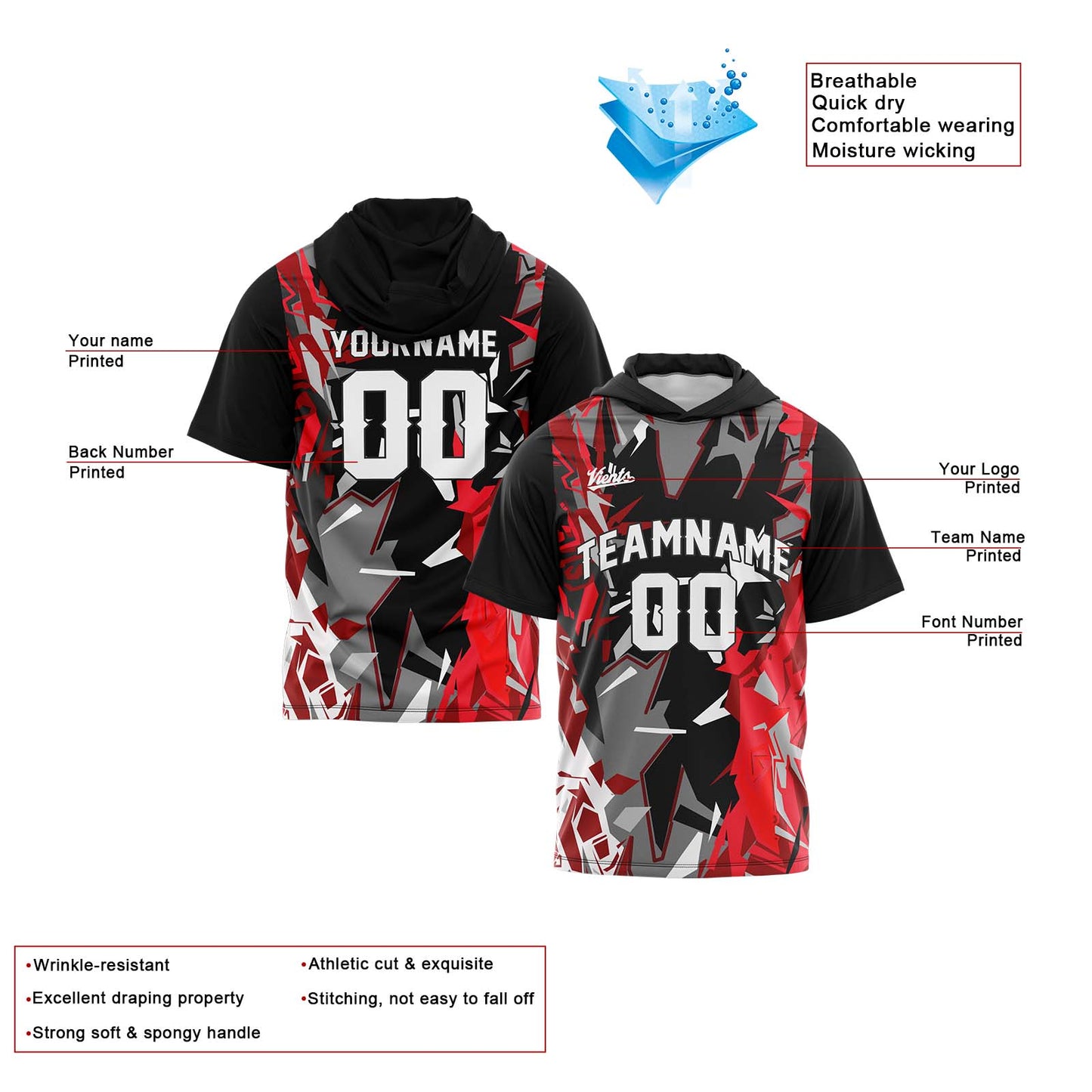 Custom Black Red Short Sleeve Hoodies for Men Women Shirts with Hoods Printed Name Logo