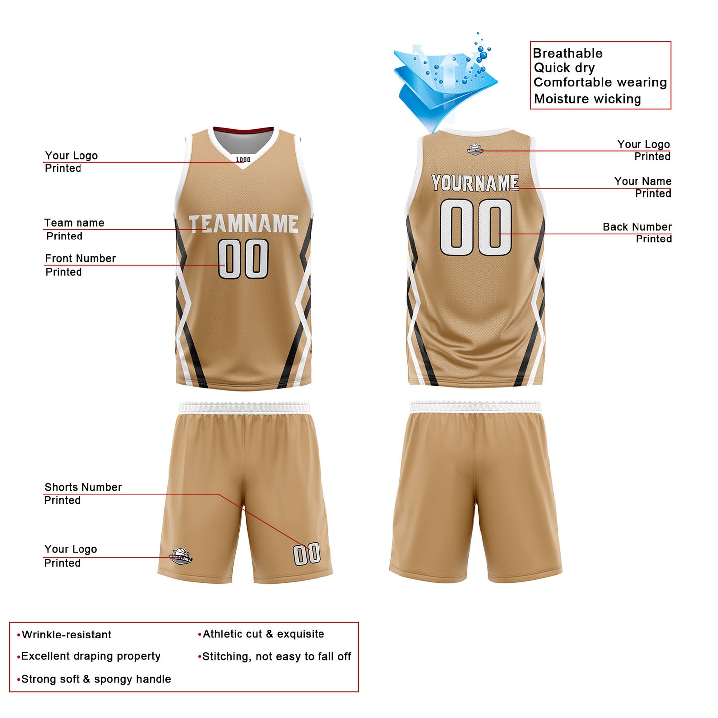 Custom Gold White Reversible Basketball Jersey Uniform Suit Printed Your Logo Name Number