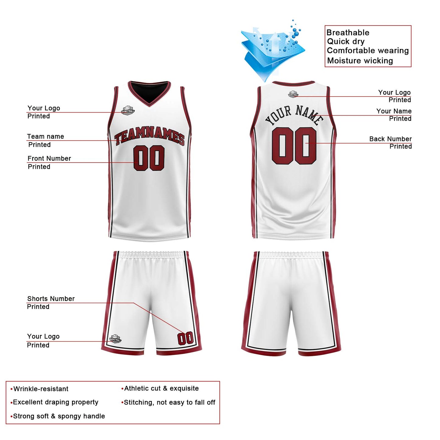 Custom White Black Red Reversible Basketball Suit for Adults and Kids Personalized Jersey