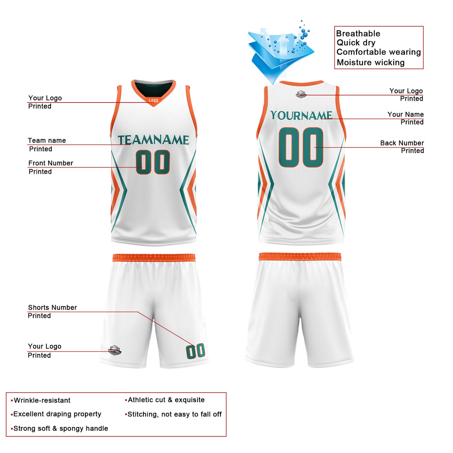 Custom White Cyan Green Reversible Basketball Jersey Uniform Suit Printed Your Logo Name Number