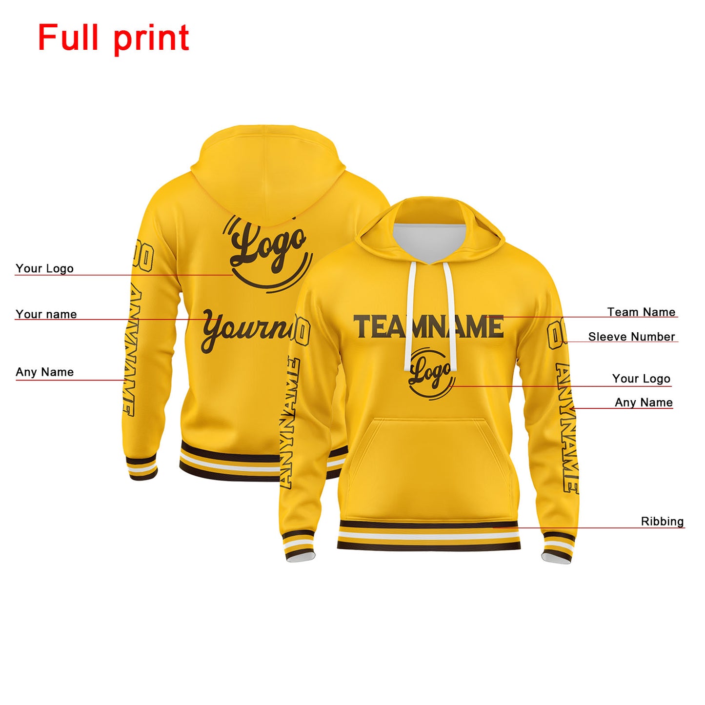 Custom Brown Yellow Hoodie Personalized Mens Pullover Hoodie Printed Team Name Number Logo for Women