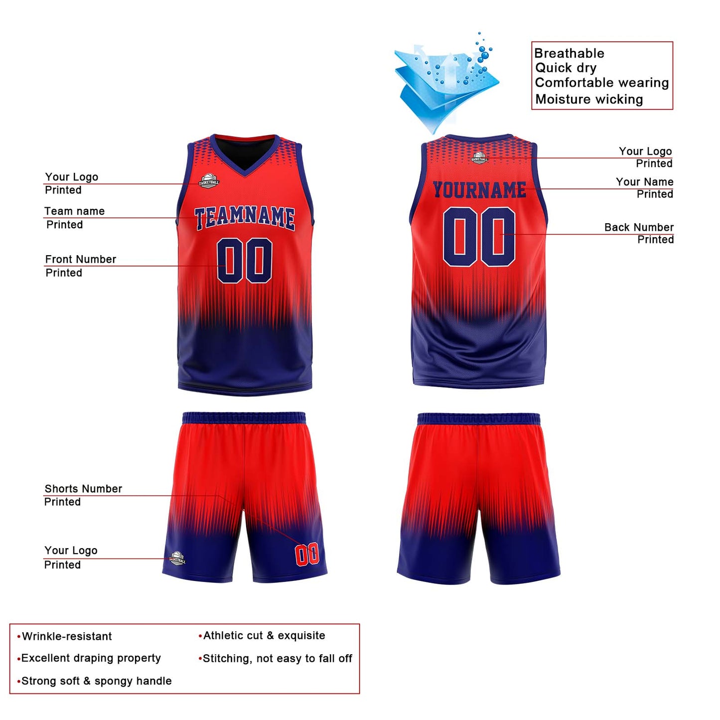 Custom Red Dark Blue Reversible Basketball Suit for Adults and Kids Personalized Jersey