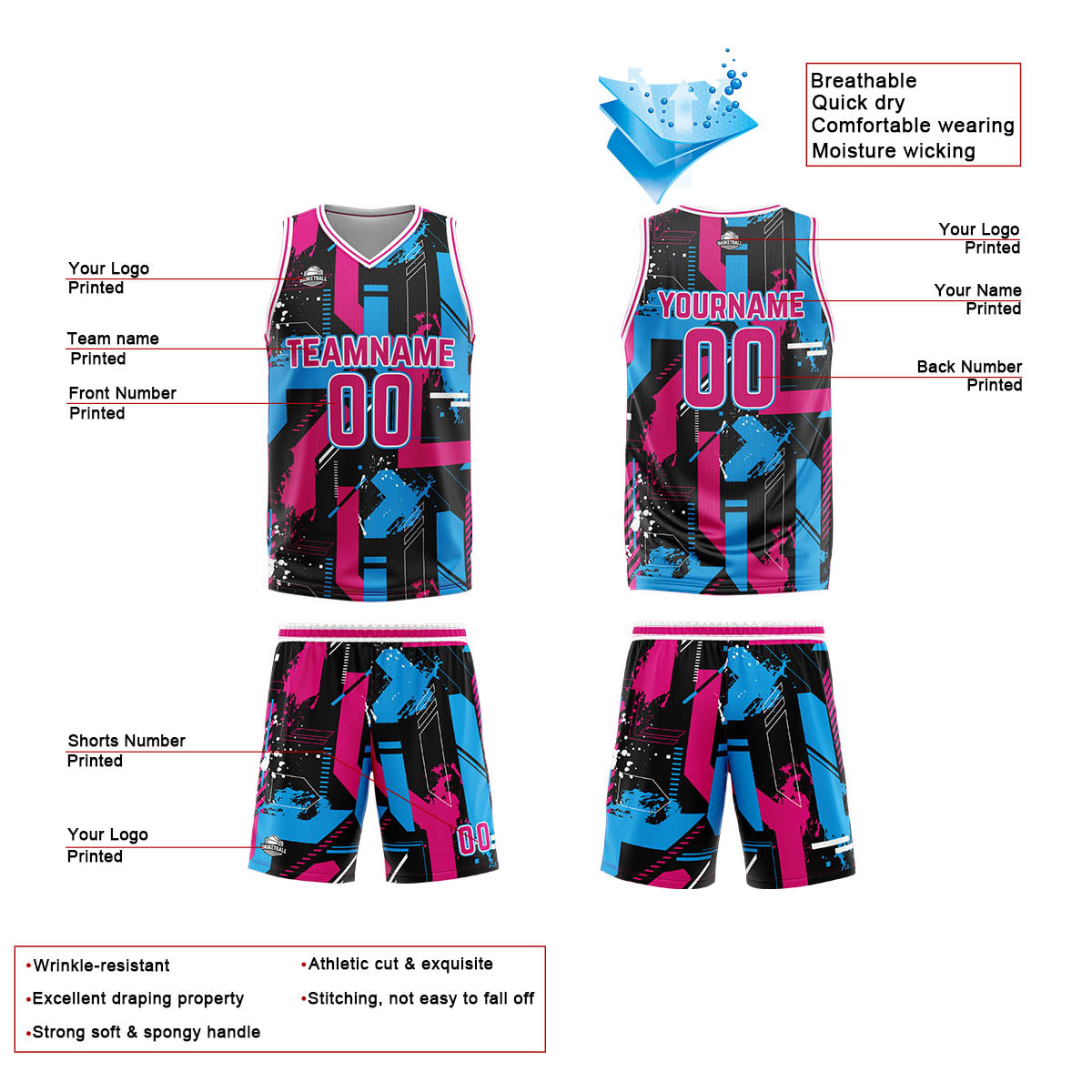 Custom Pink Light Blue Reversible Basketball Suit for Adults and Kids Personalized Jersey