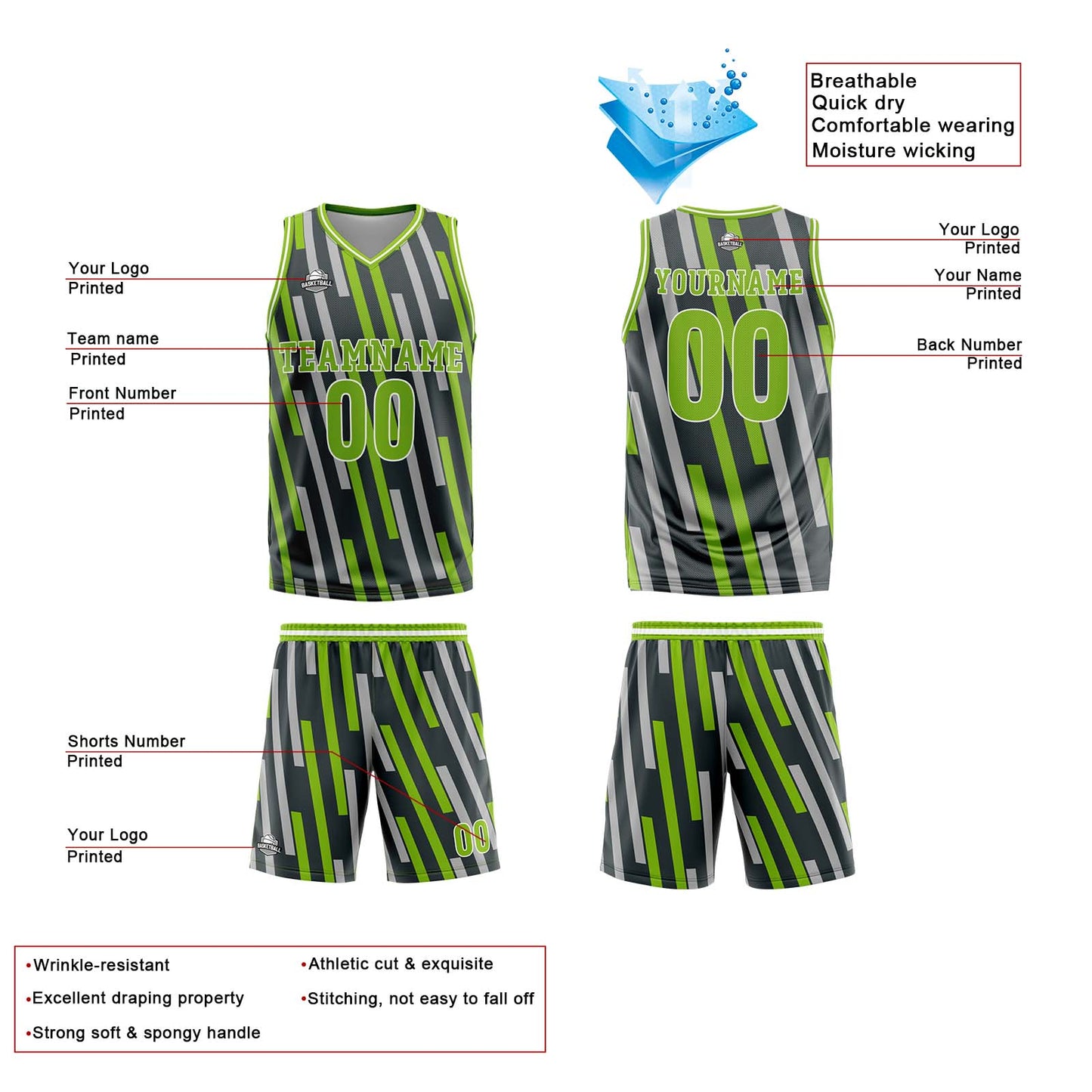 Custom Green Grey Reversible Basketball Suit for Adults and Kids Personalized Jersey