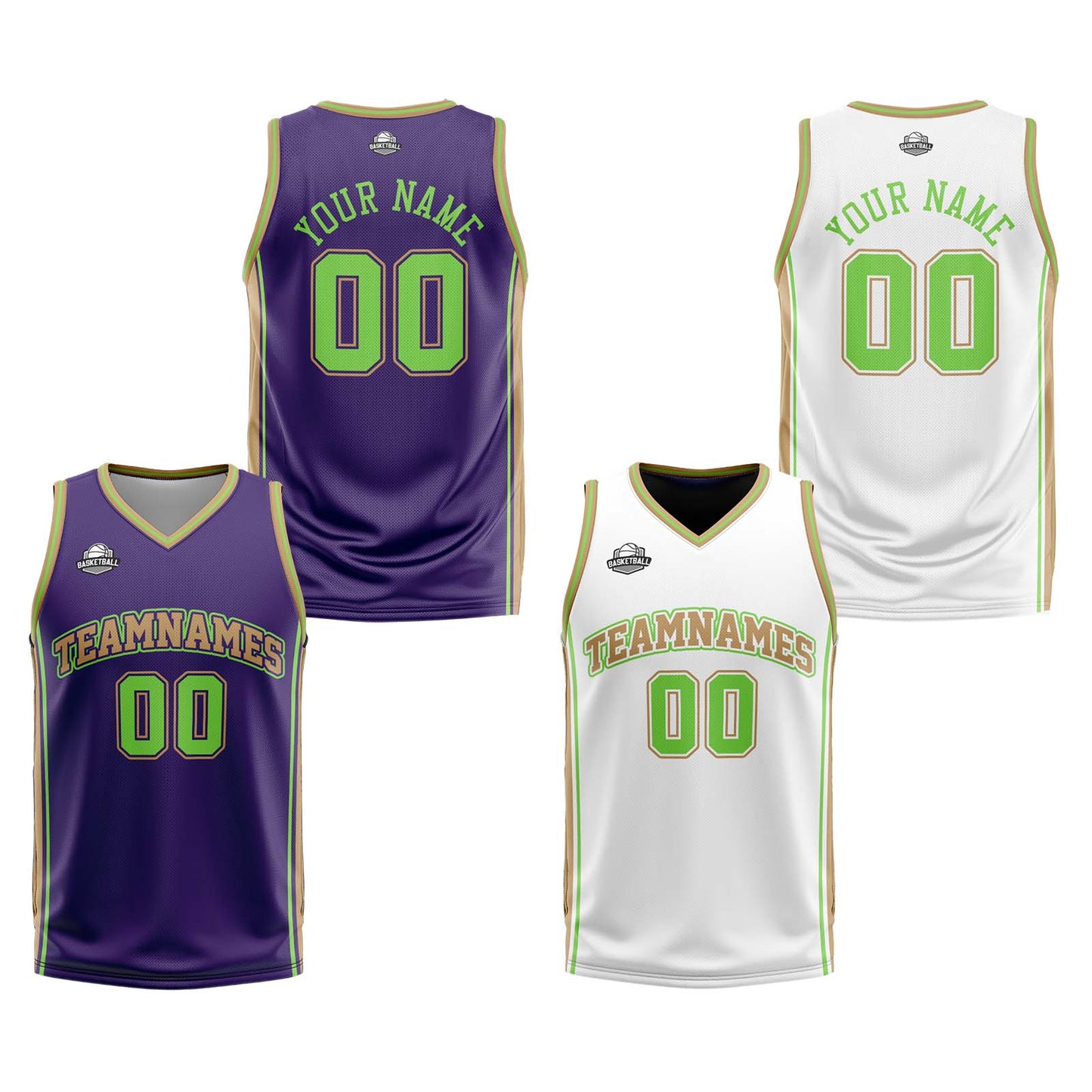Custom Purple White Gold Neon Green Reversible Basketball Suit for Adults and Kids Personalized Jersey