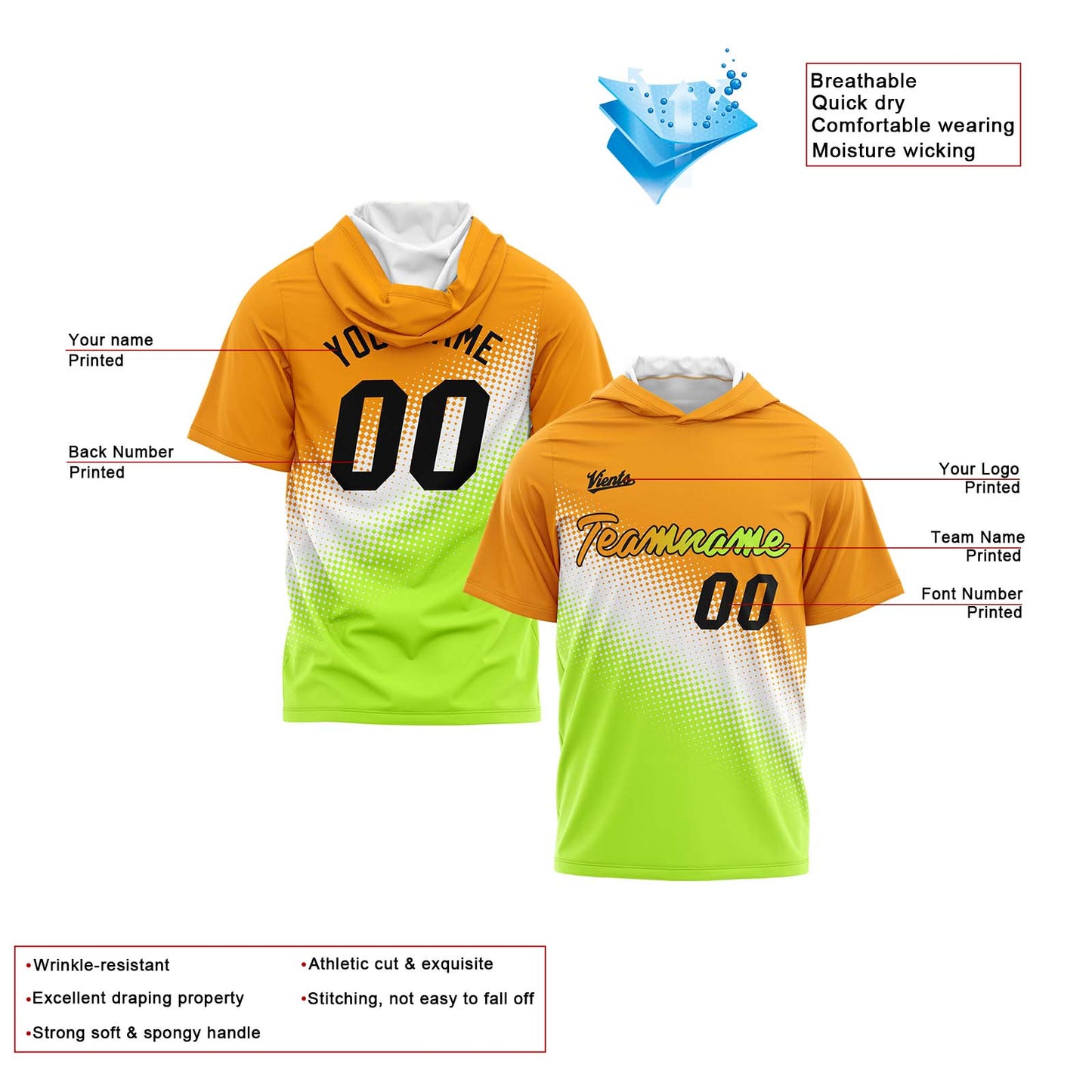 Custom Orange White Green Hooded T-Shirt Short Sleeve Hoodies for Men Women Shirts with Hoods Printed Name Logo