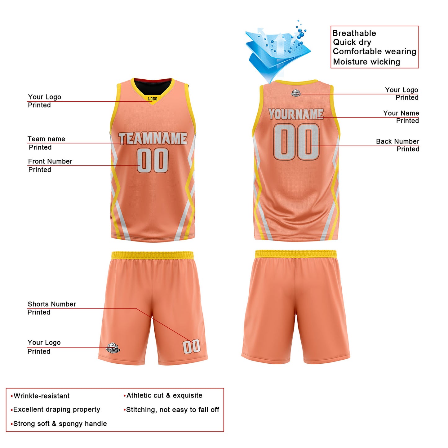 Custom Peach Pink Dark Blue Reversible Basketball Jersey Uniform Suit Printed Your Logo Name Number