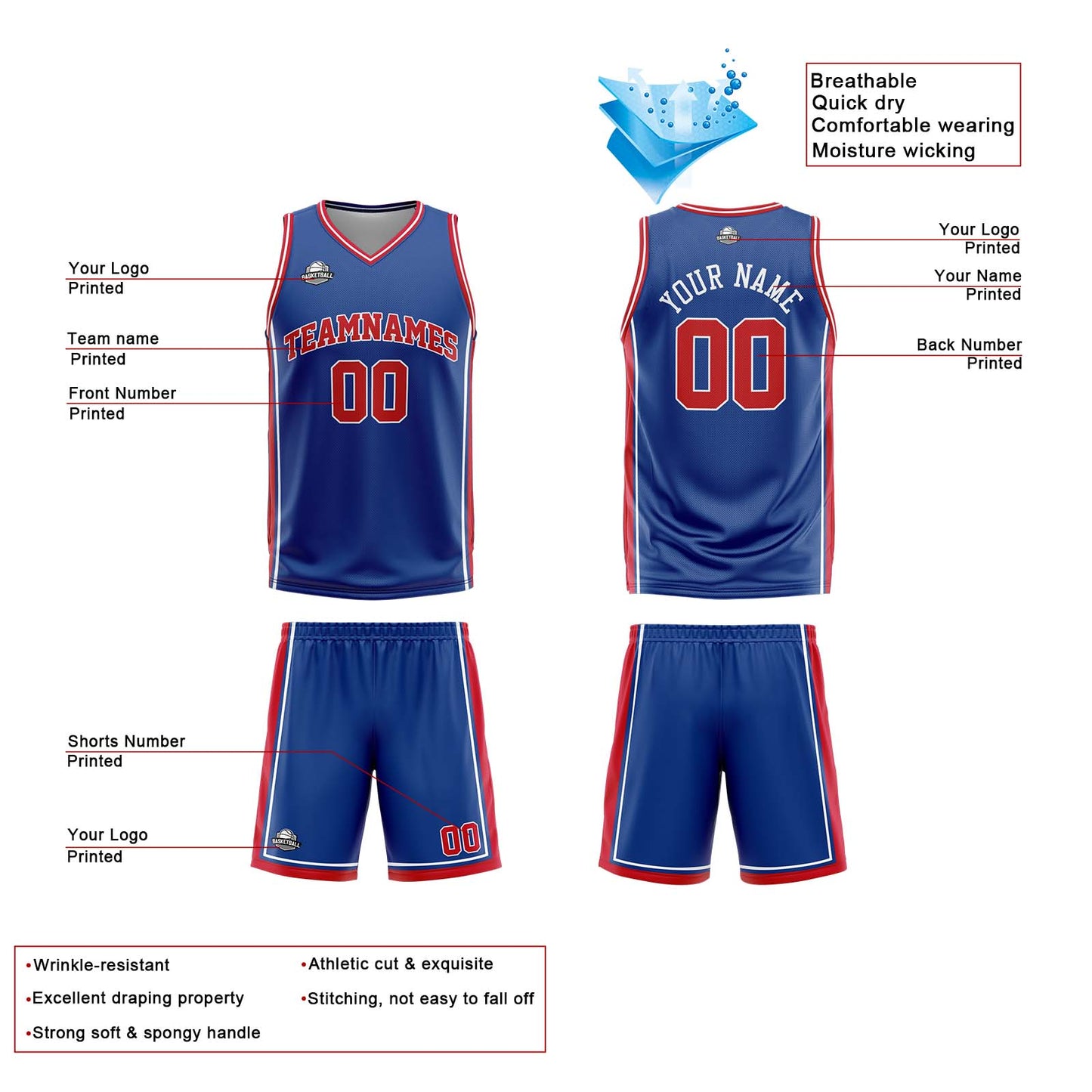 Custom Royal White Red Reversible Basketball Suit for Adults and Kids Personalized Jersey