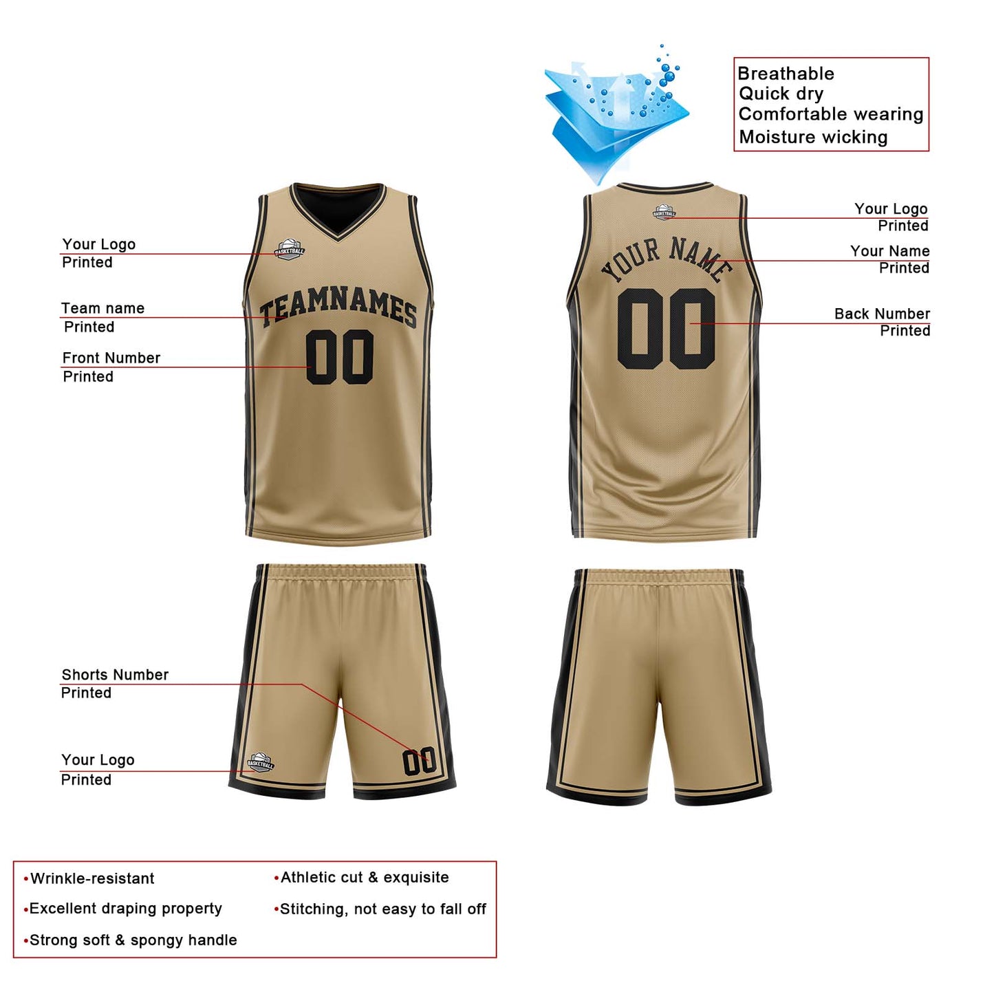 Custom Gold Black Reversible Basketball Suit for Adults and Kids Personalized Jersey