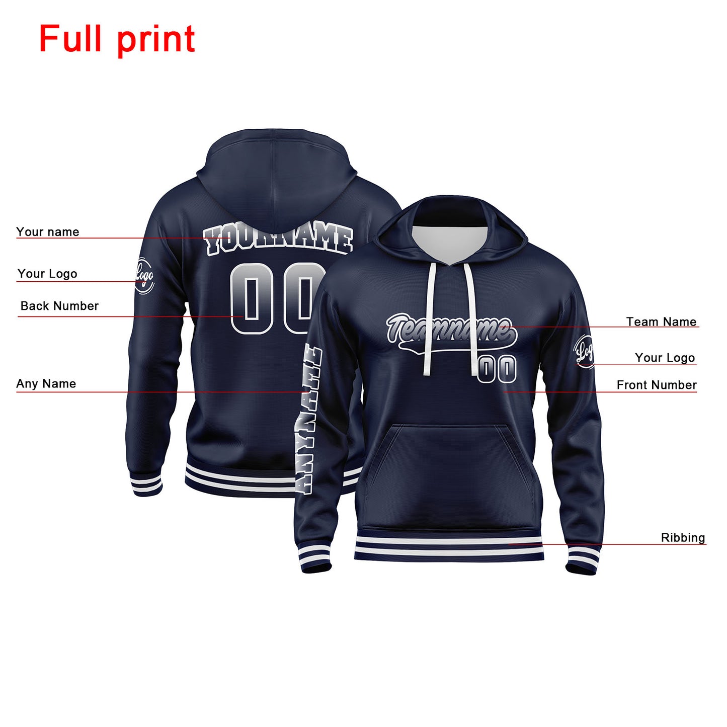 Custom Navy White Hoodie Personalized Mens Pullover Hoodie Printed Team Name Number Logo for Women