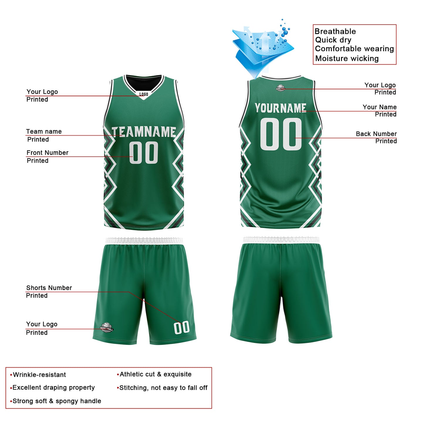Custom Green Black Reversible Basketball Jersey Uniform Suit Printed Your Logo Name Number