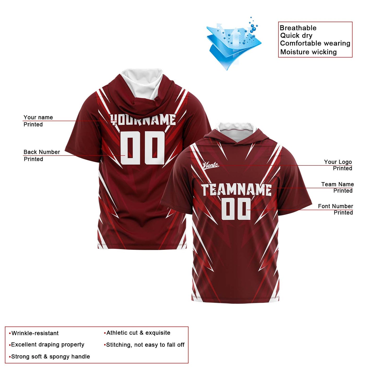 Custom Drak Red Short Sleeve Hoodies for Men Women Shirts with Hoods Printed Name Logo