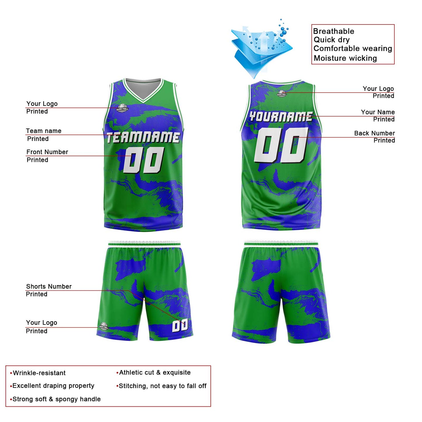 Custom Green Blue Reversible Basketball Suit for Adults and Kids Personalized Jersey
