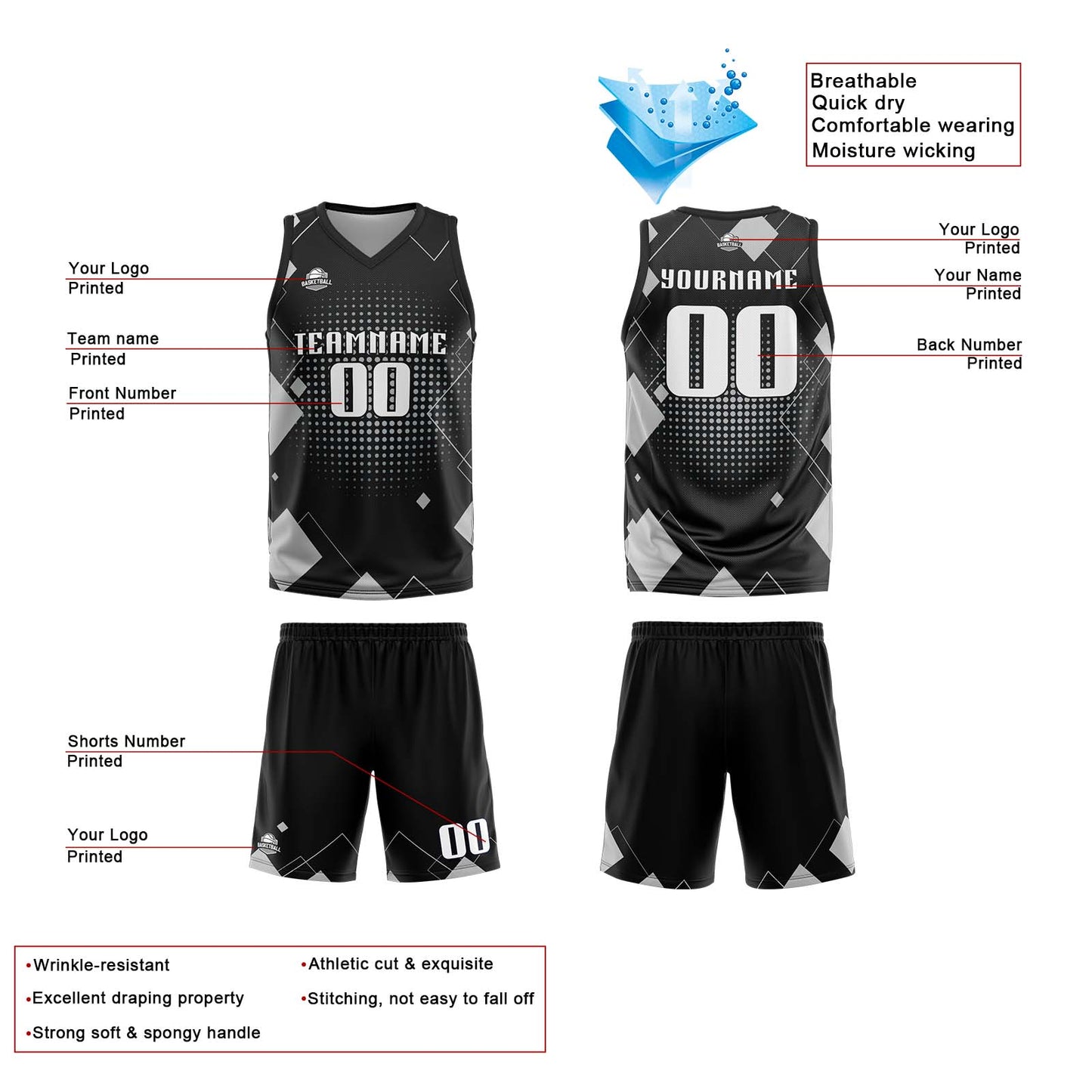 Custom Grey Reversible Basketball Suit for Adults and Kids Personalized Jersey