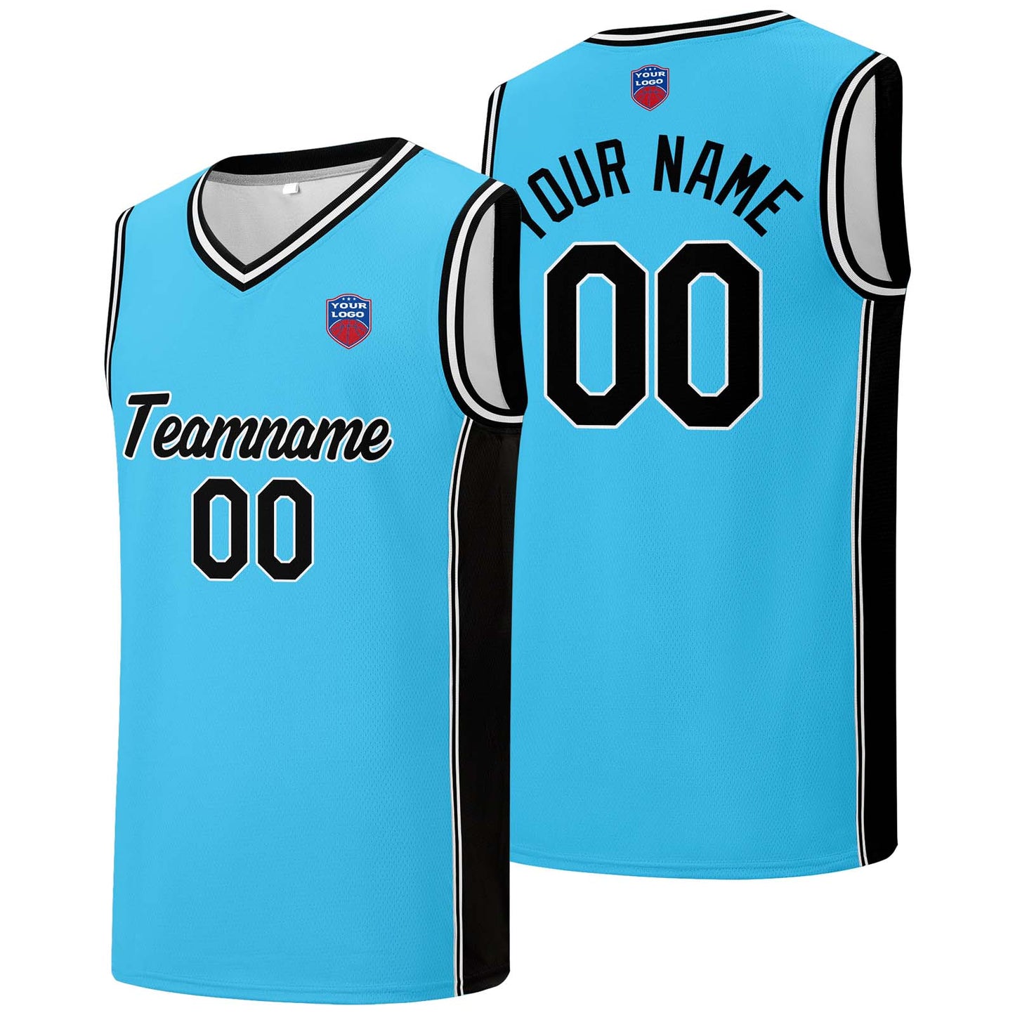 Custom basketball jersey shorts for men and women. Embroidered and printed name, number and logo Light Blue
