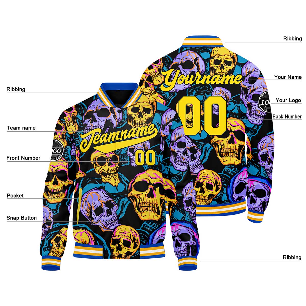 Custom Colored skeletons&Yellow-blue Varsity Jacket for Men Women and Youth with Personalized Letterman Jacket