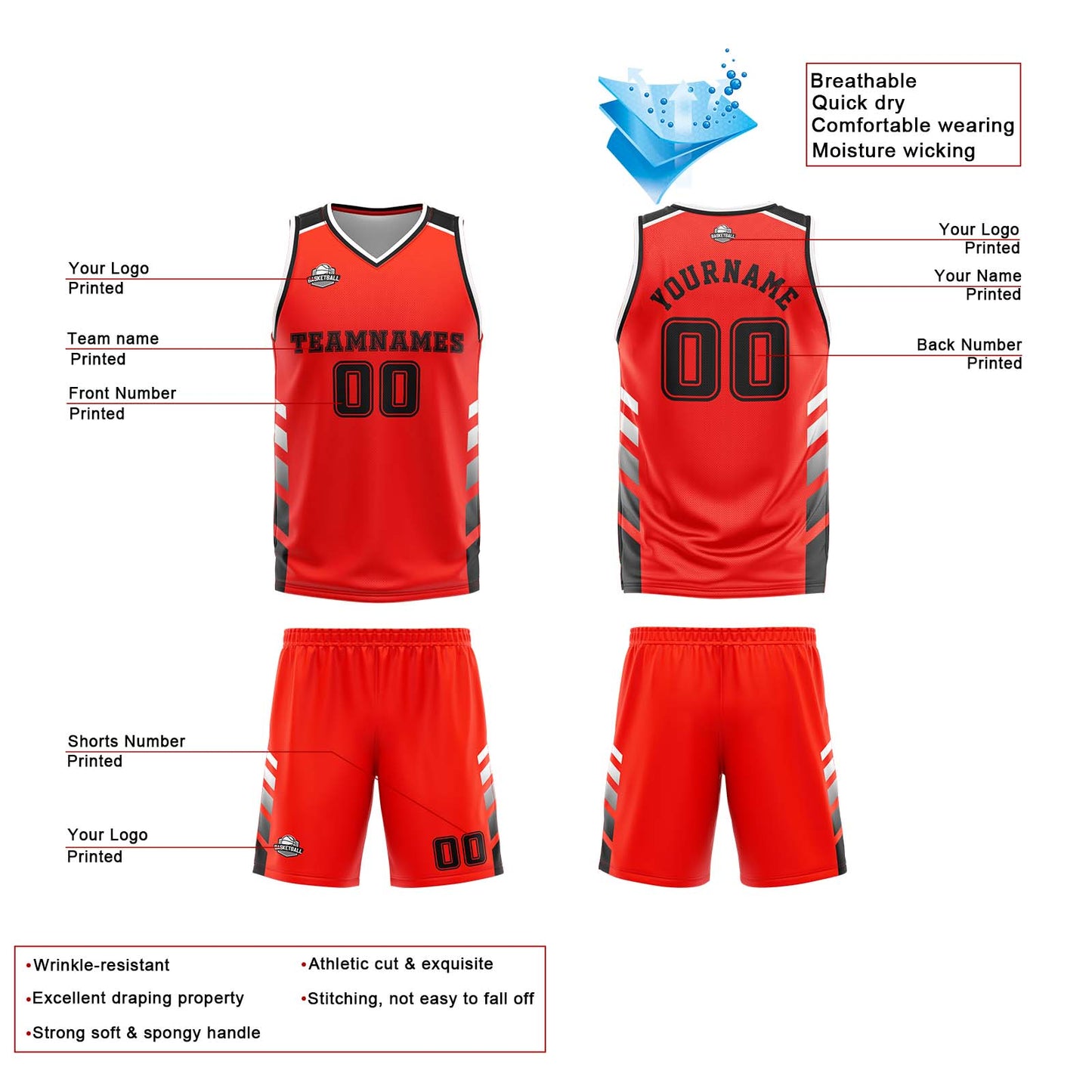 Custom Orange Red White Black Reversible Basketball Suit for Adults and Kids Personalized Jersey